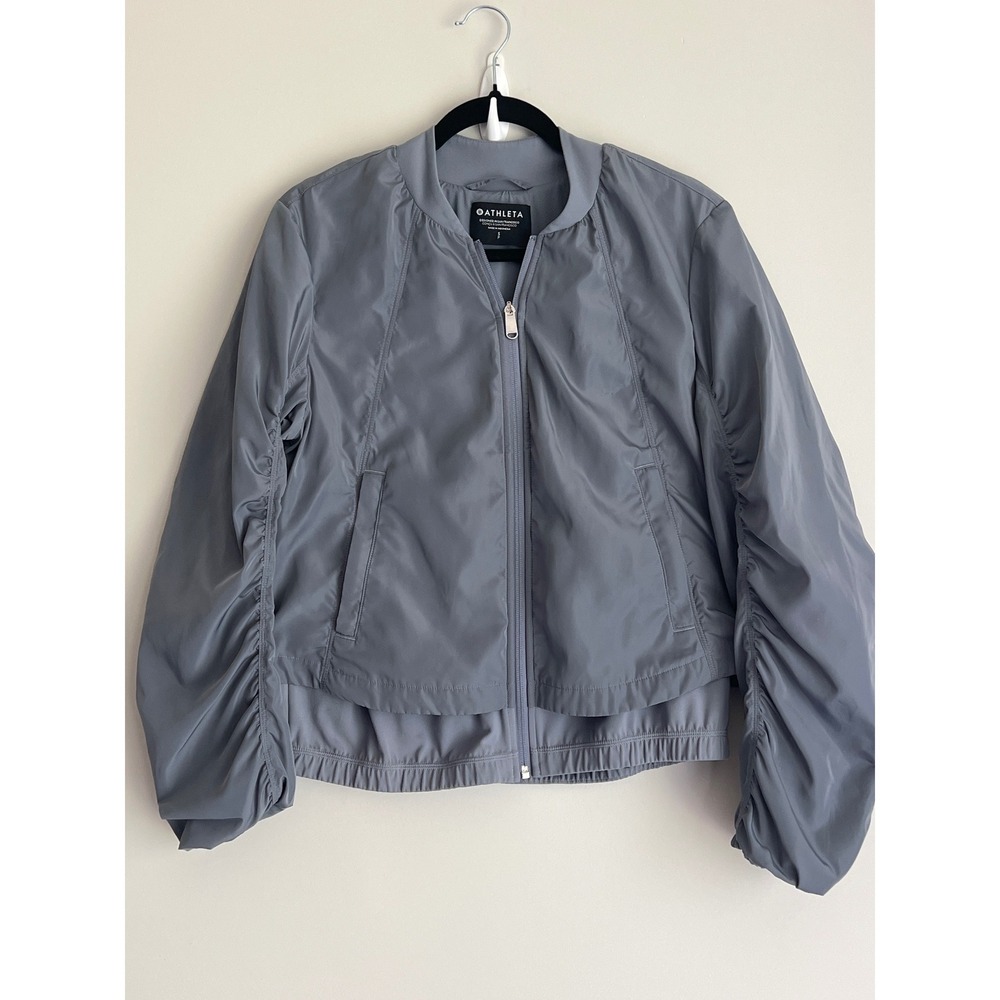 Athleta Women's Wayfarer Grey Ruched Sleeve Layered Full Zip Bomber Jacket Small